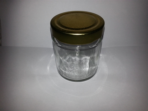 Rundt glas til honning 250 gram sort hvid sølv eller guld låg